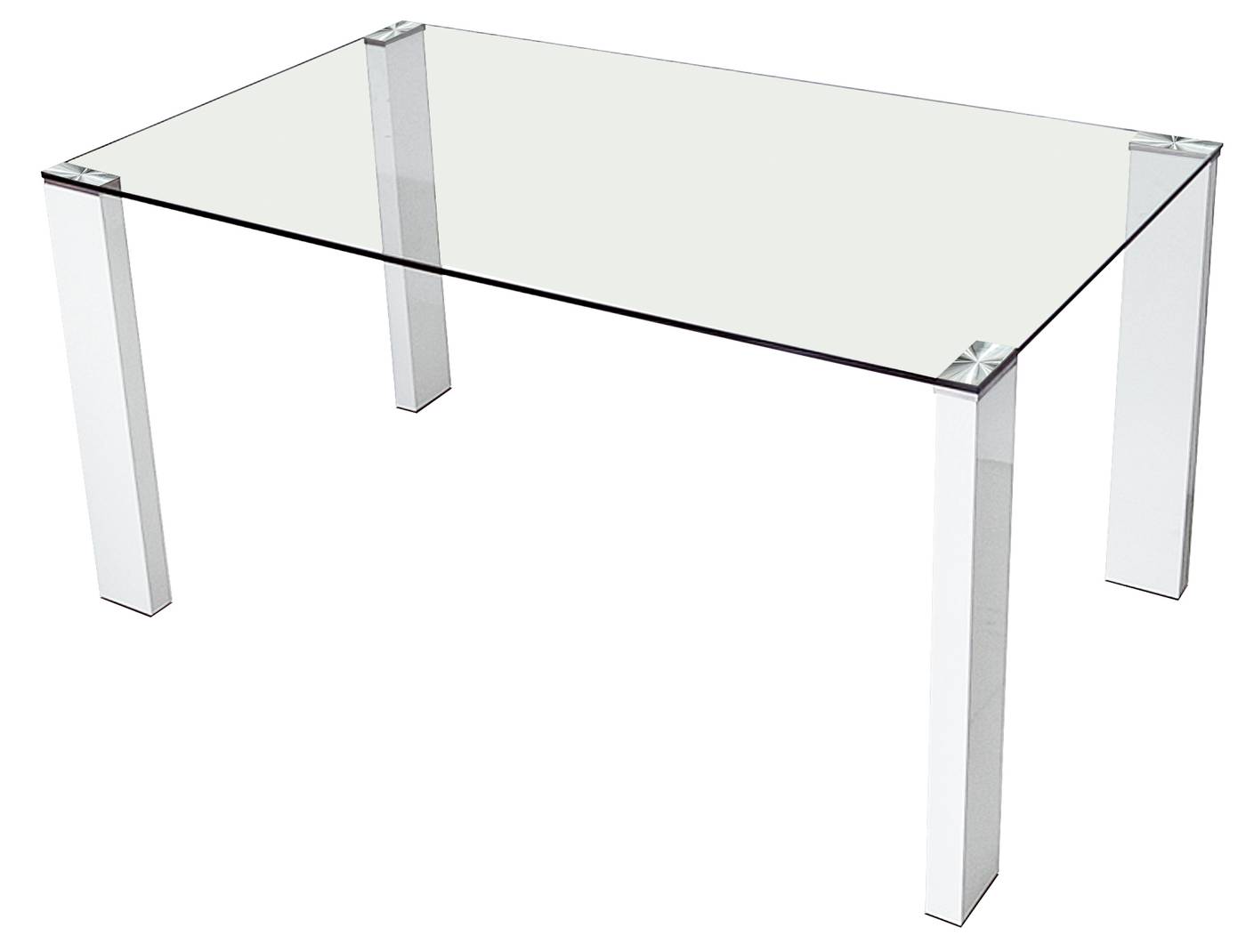 Mesa de comedor. Patas madera color blanco y tapa de cristal templado transparente